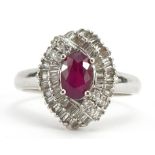 14k white gold ruby and diamond cluster ring, the ruby approximately 6.8mm x 4.7mm, size N, 3.8g :