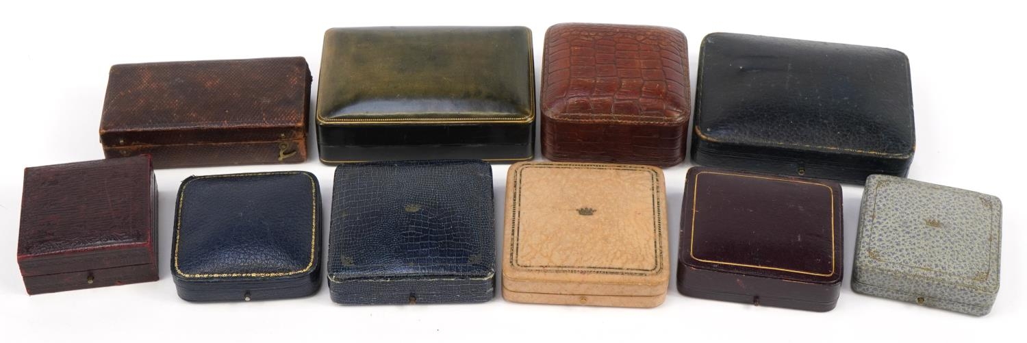 Ten antique and later jewellery boxes including West & Son Dublin, Mappin & Webb London, S J
