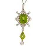 Antique unmarked gold green stone and diamond cluster drop pendant on white metal Figaro link