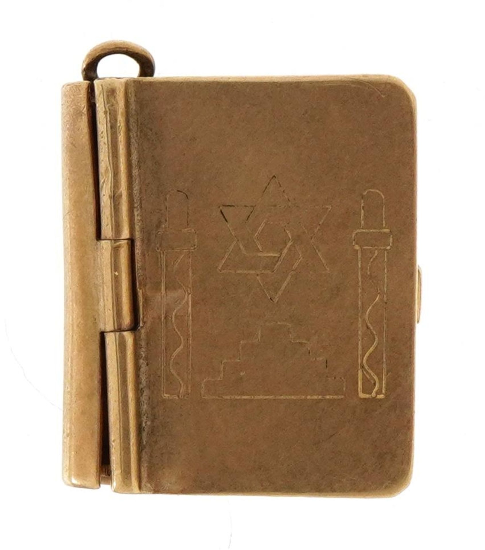 9ct gold opening book charm, possibly a Jewish prayer book, 1.6cm high, 1.8g : For further