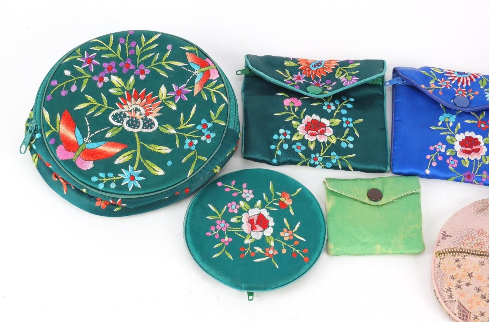 Nine Chinese jewellery cases including silk examples embroidered with flowers and butterflies : - Image 2 of 7