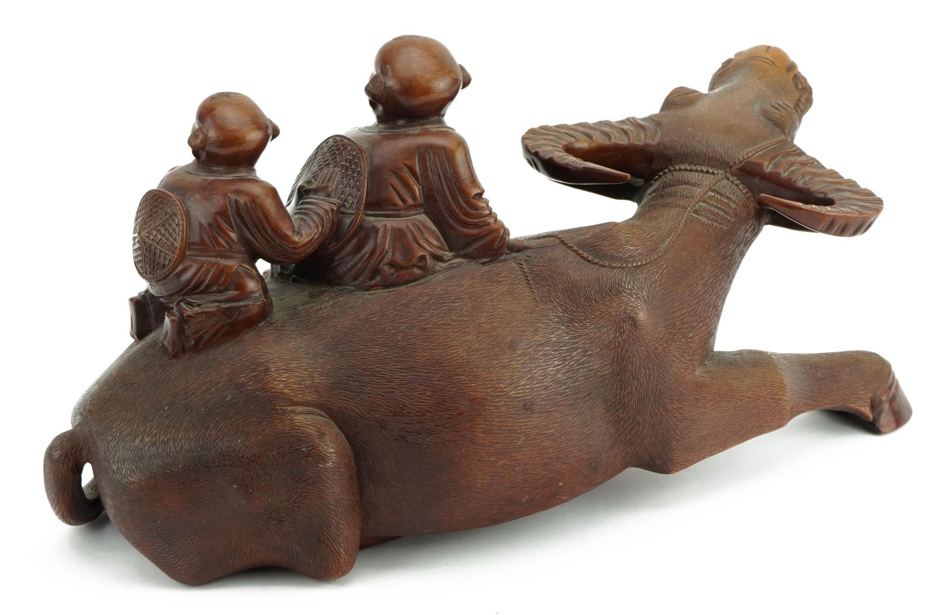 Large Chinese hardwood carving of two boys on water buffalo, 35cm in length : For further - Image 2 of 3