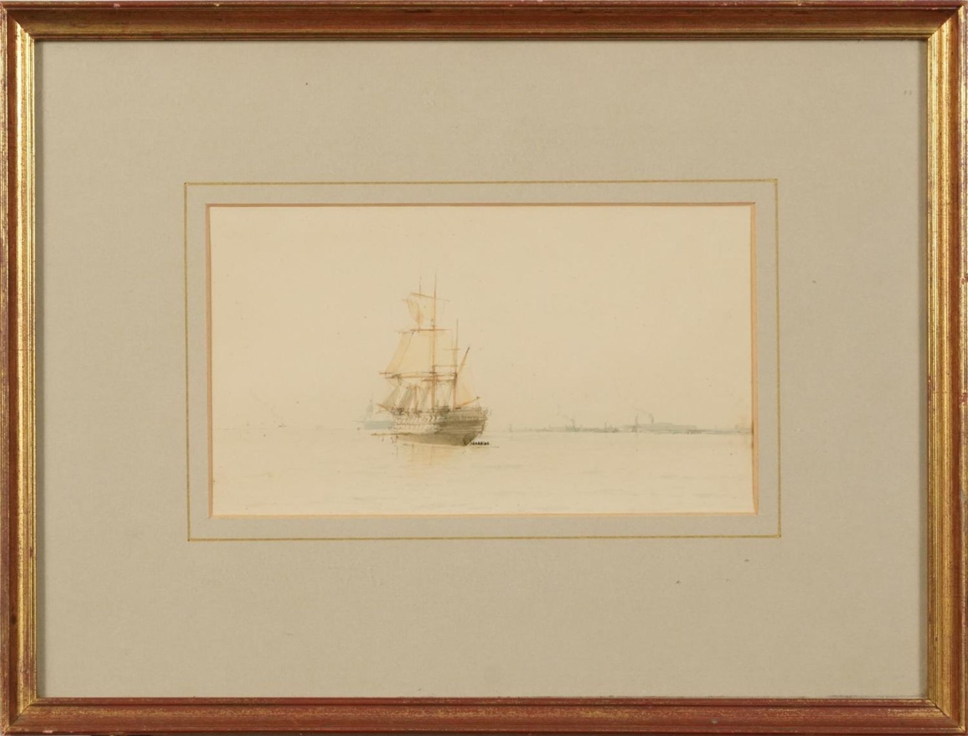 Ship on line at anchor, 19th century watercolour, inscribed verso, mounted, framed and glazed, - Image 2 of 4