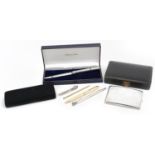 Objects including an unmarked silver cigarette case, silver plated letter opener by Fortnum &