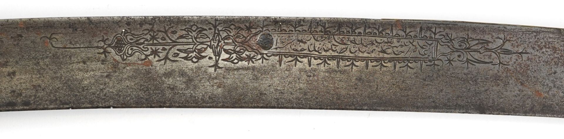 Antique Islamic Yatagan sword with horn handle, brass mounts and steel blade engraved with - Image 3 of 4