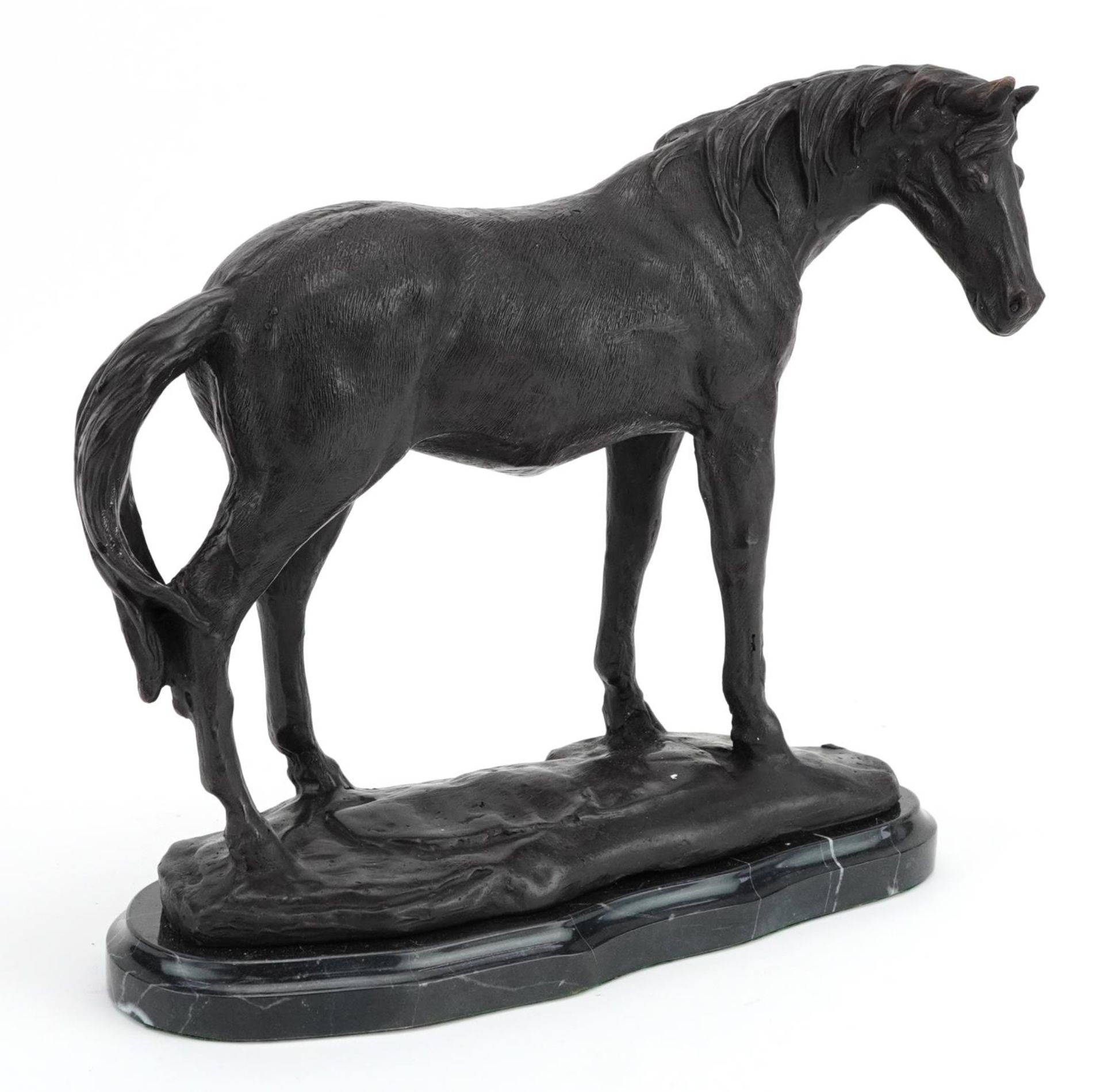 Patinated bronze study of a horse raised on a shaped marble base, 27cm in length : For further