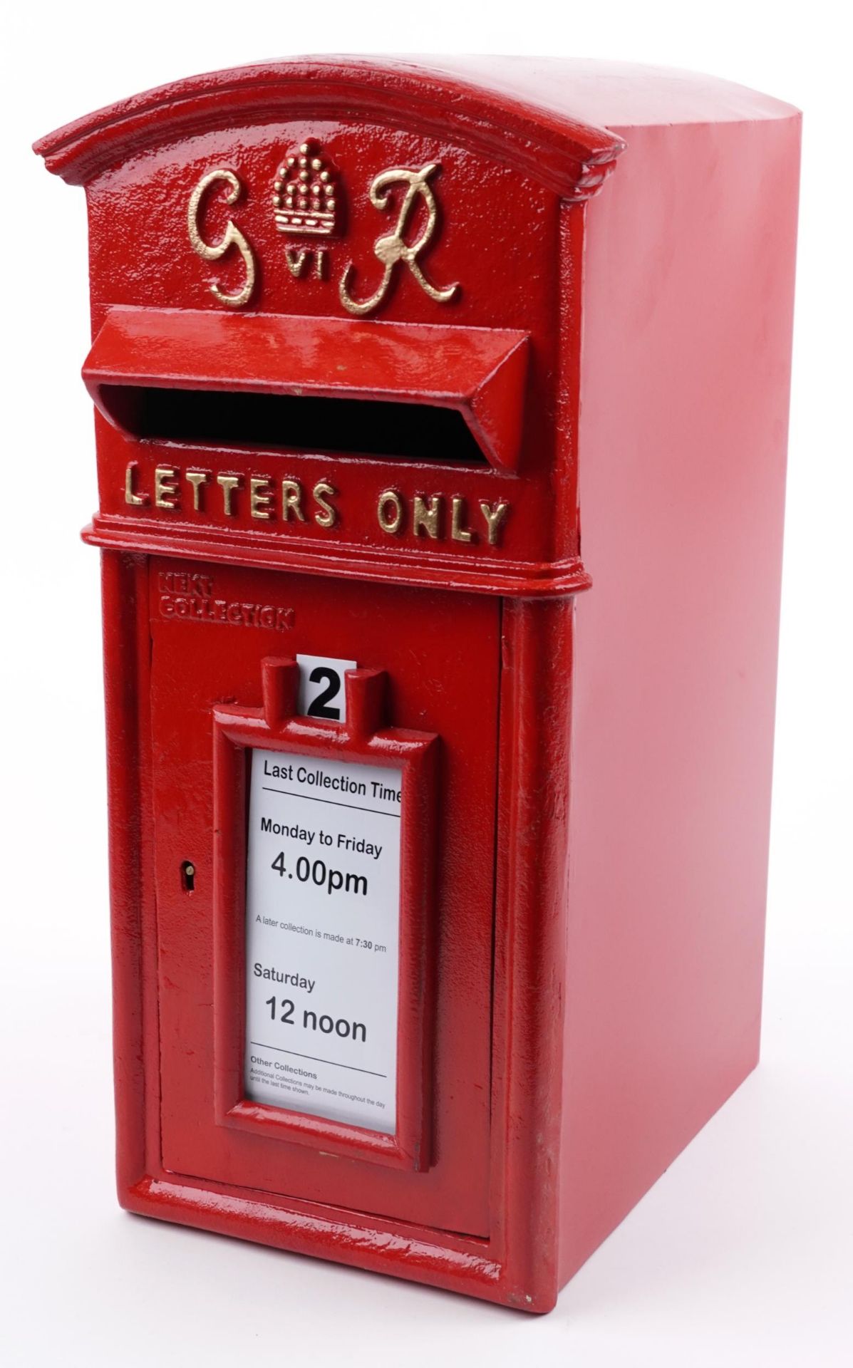 Elizabeth II style red painted cast iron and tin postbox, 56cm H x 28cm W x 36cm D : For further