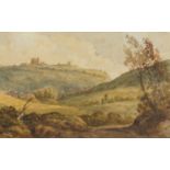 Mountainous landscape with hilltop castle, 19th century watercolour, monogrammed W L H, mounted,