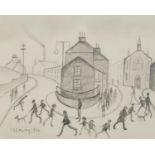 Manner of Laurence Stephen Lowry - Busy street scene with figures before buildings, Manchester