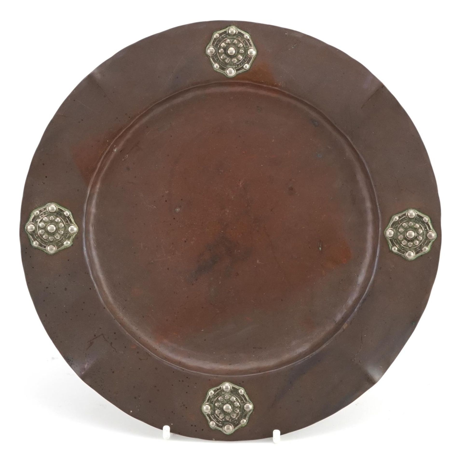 Iona, Arts & Crafts copper dish with applied silver medallions, 23cm in diameter : For further