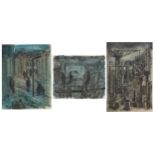 Karel Lek - Industrial street scenes, three Welsh ink and watercolours on paper, unframed, the