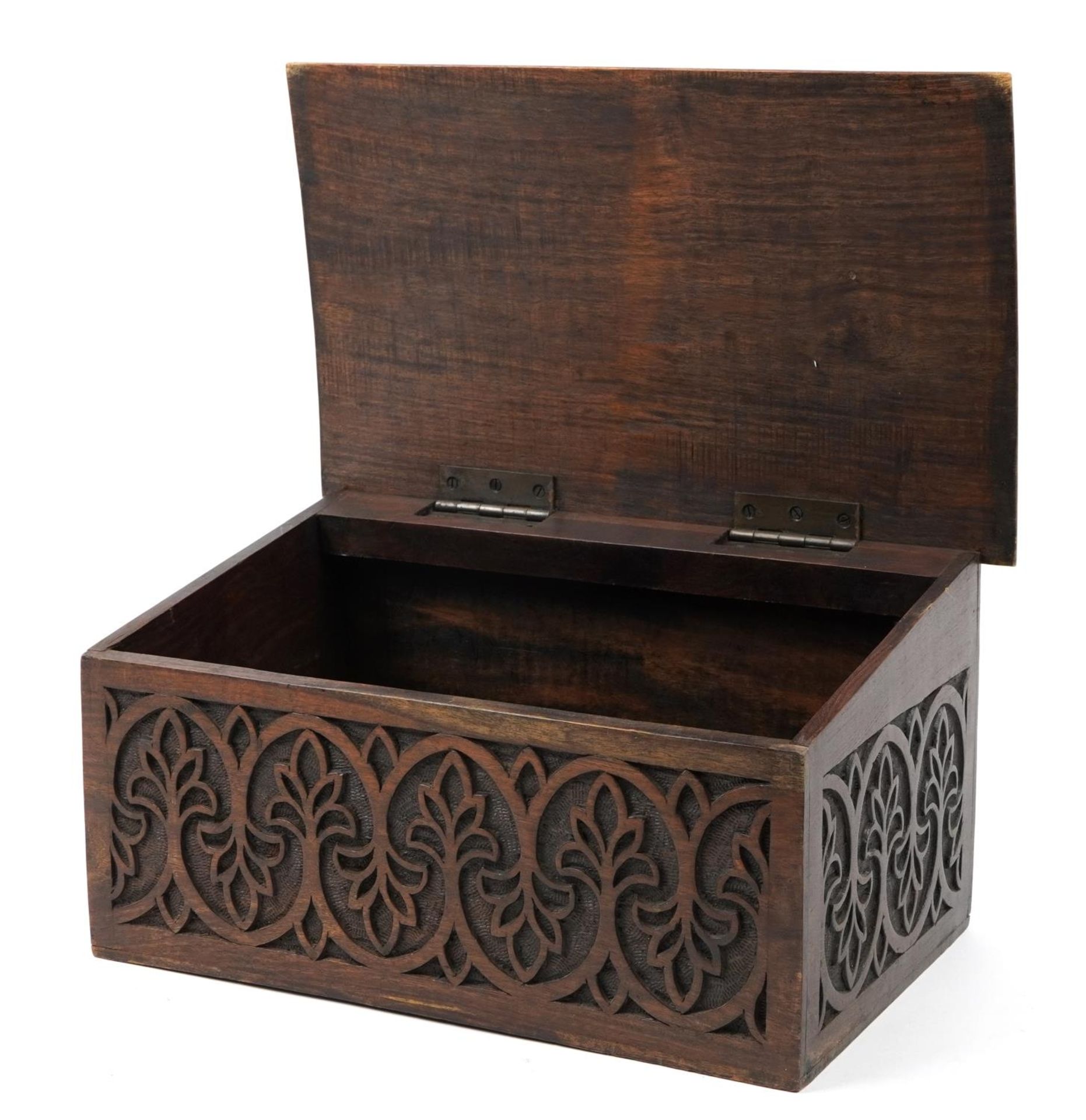 Hardwood bible box carved with flowers, 23cm H x 43.5cm W x 26cm D : For further information on this - Image 2 of 4
