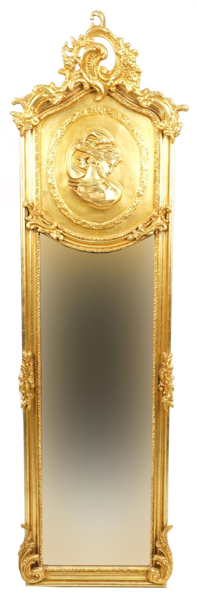 Large ornate gilt framed wall mirror with bevelled glass and relief panel of a maiden, 180cm x