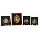 Four oval and circular portrait miniatures including a hand painted example of Marquise de Pompadour