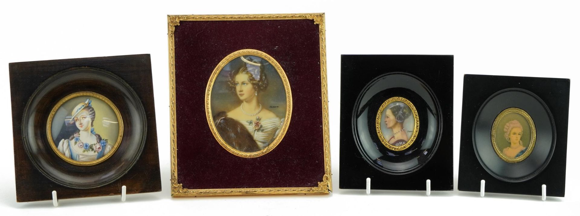 Four oval and circular portrait miniatures including a hand painted example of Marquise de Pompadour