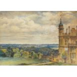 View of Knebworth House, English school heightened watercolour, mounted, framed and glazed, 24cm x