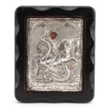 Greek Orthodox St George and the Dragon icon with silver overlay, 18cm x 15cm : For further