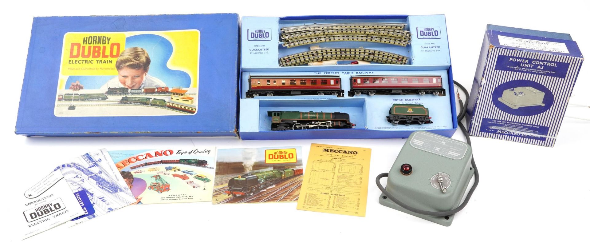 Vintage Hornby Dublo Duchess of Montrose passenger trainset with box and a Meccano A3 power