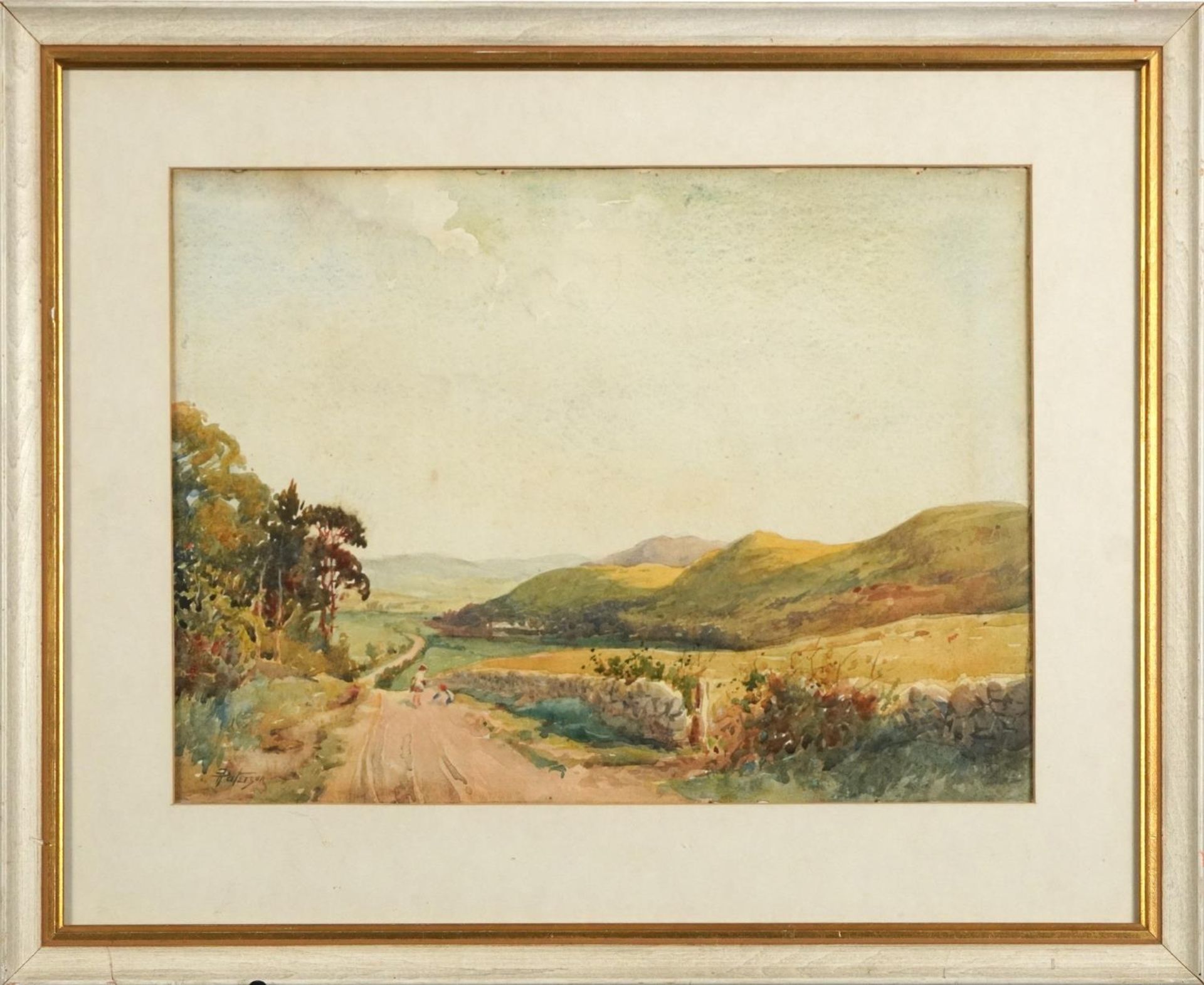 James Paterson - Children playing on a country lane, Scottish watercolour, mounted, framed and - Image 2 of 4