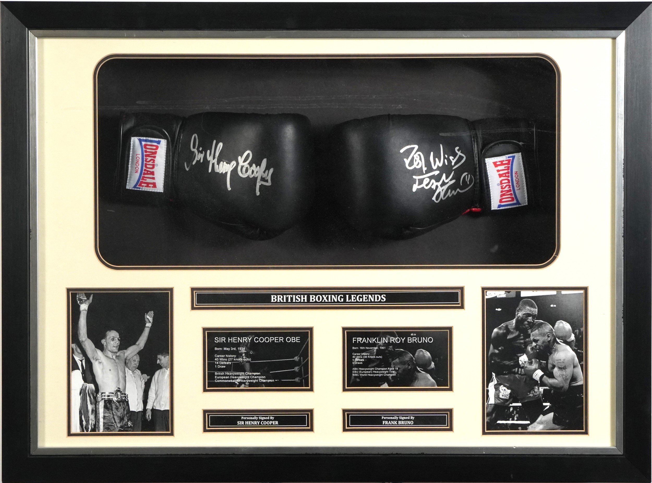 Boxing interest British boxing legends signed display including two gloves signed by Sir Henry