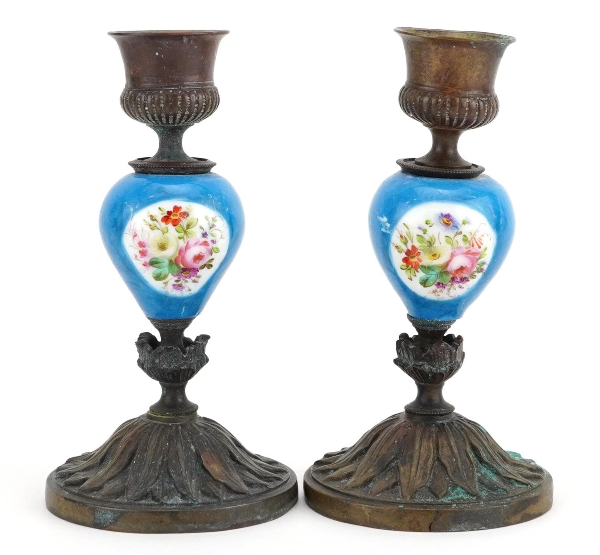 Pair of French style bronze candlesticks with Sevres type porcelain columns hand painted with