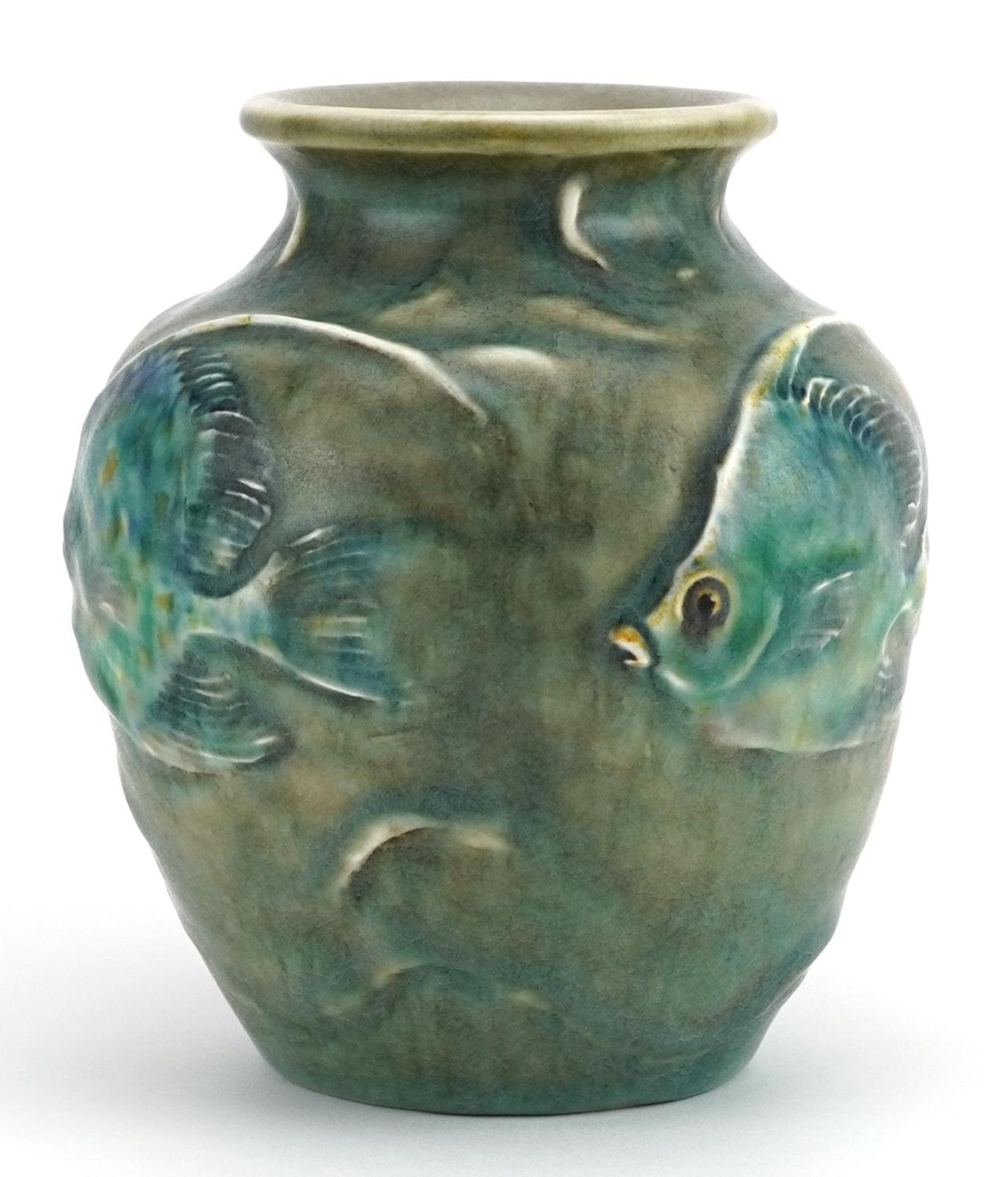 Richard Joyce for Pilkington, Arts & Crafts Royal Lancastrian vase decorated in low relief with fish - Image 2 of 3