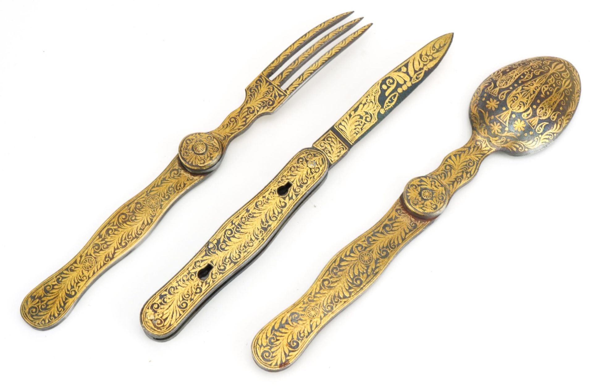Turkish Ottoman gold damascene hunting folding cutlery comprising fork, knife and spoon, the largest - Image 2 of 4