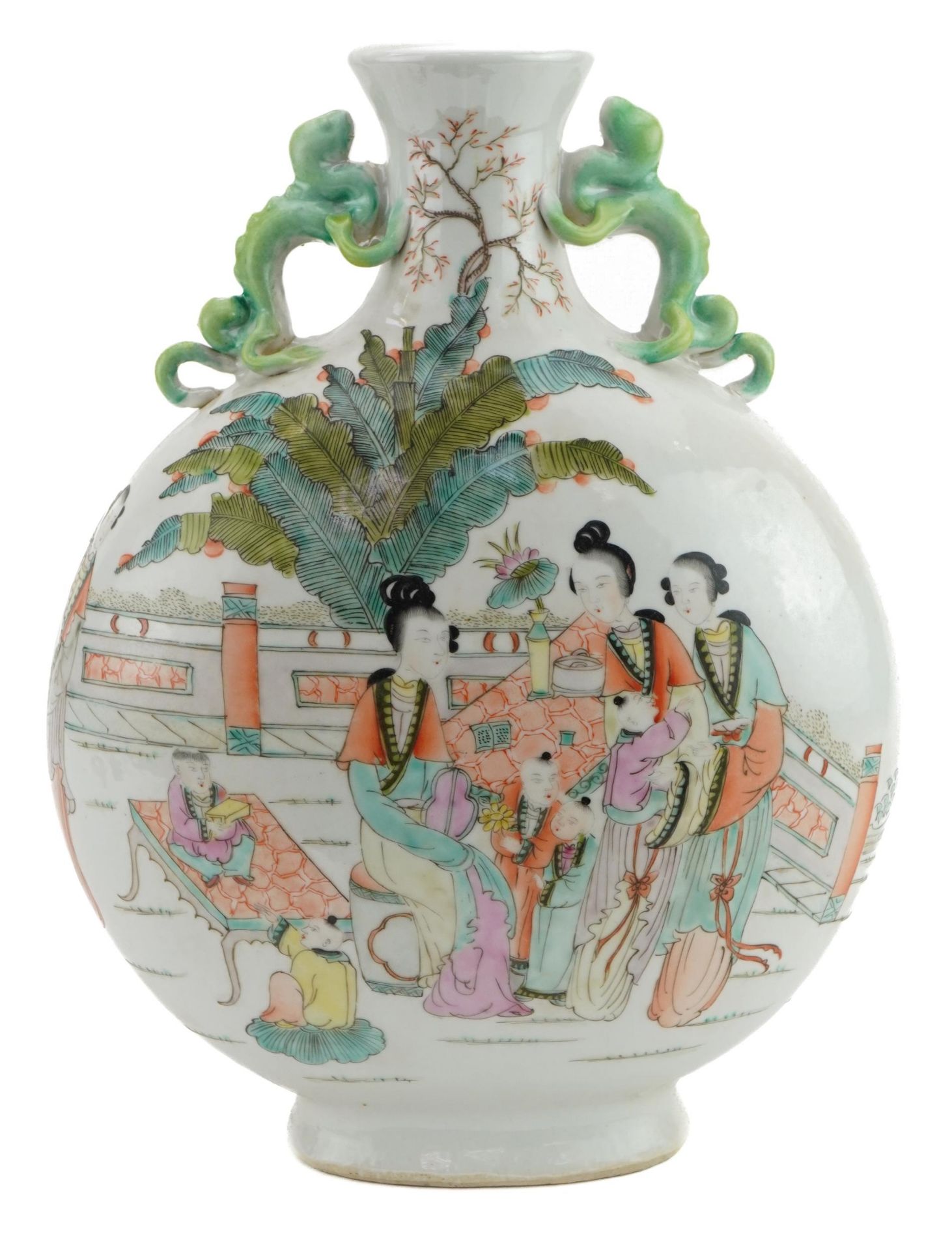 Chinese porcelain vase with twin animalia handles hand painted in the famille rose palette with