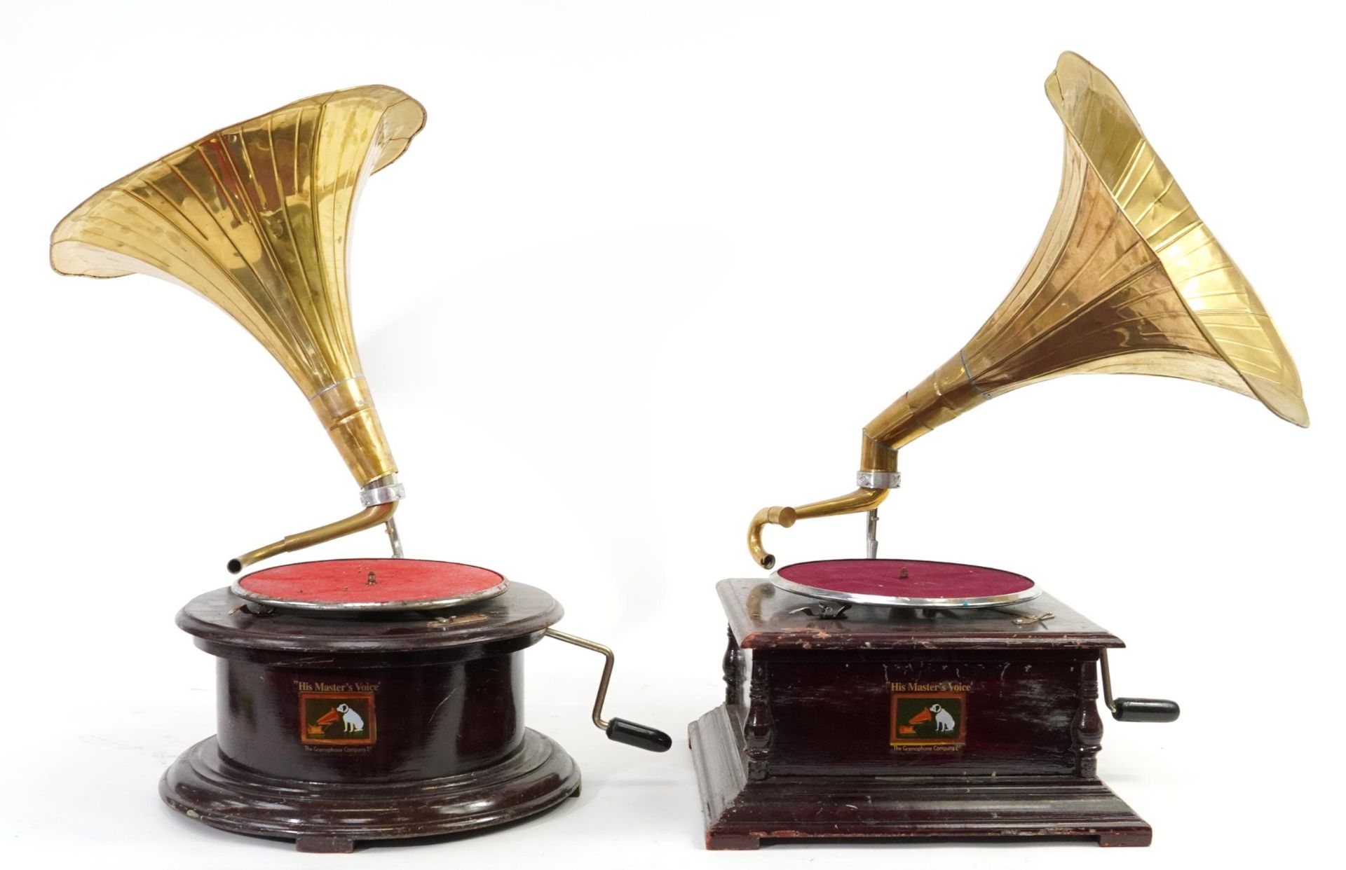 Two mahogany cased His Master's Voice gramophones with brass horns : For further information on this