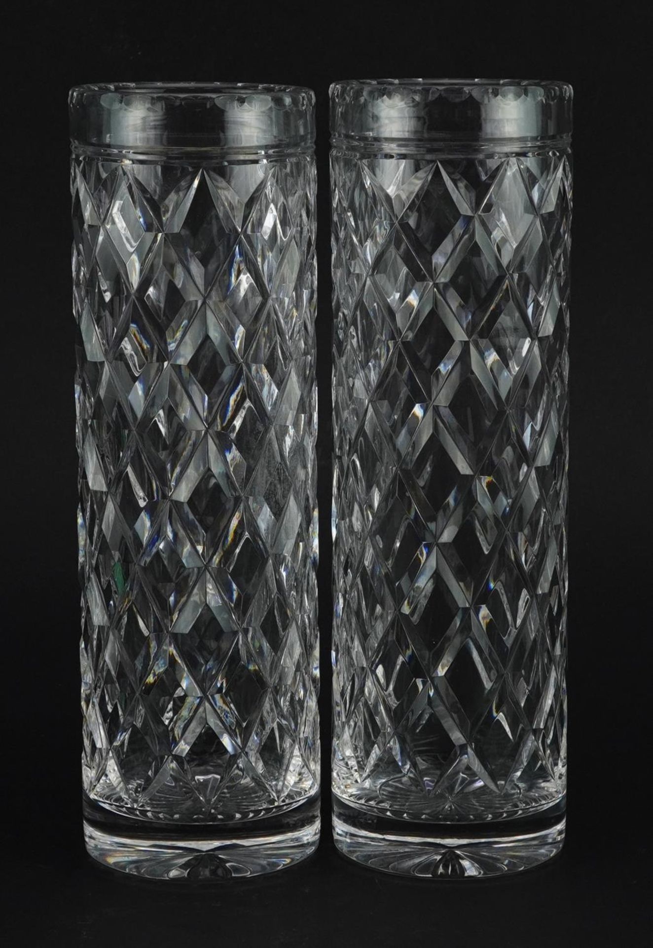 Pair of Stewart Crystal cylindrical vases, each 25.5cm high : For further information on this lot