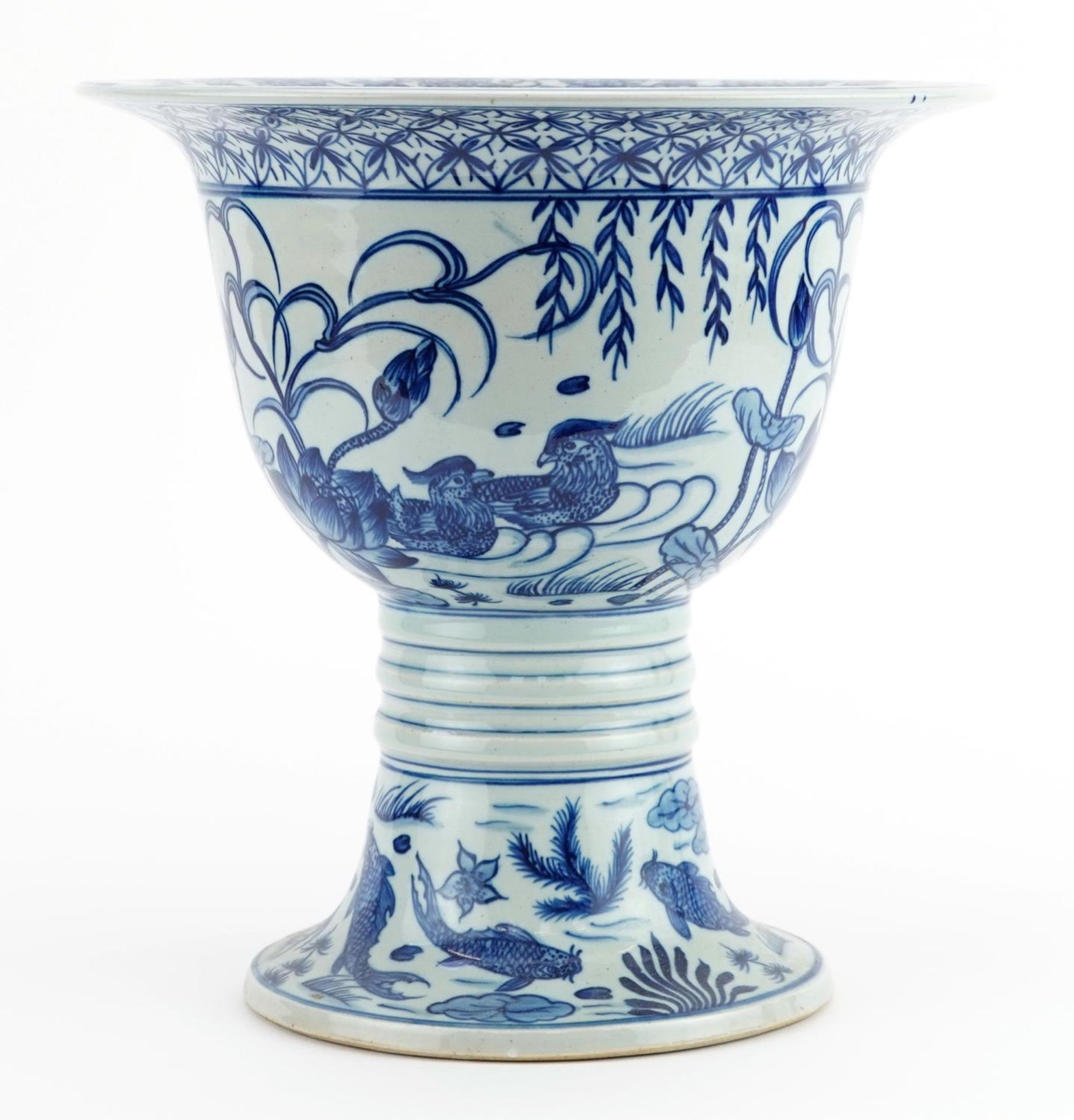 Chinese blue and white porcelain stem bowl hand painted with fish amongst aquatic life, 27.5cm