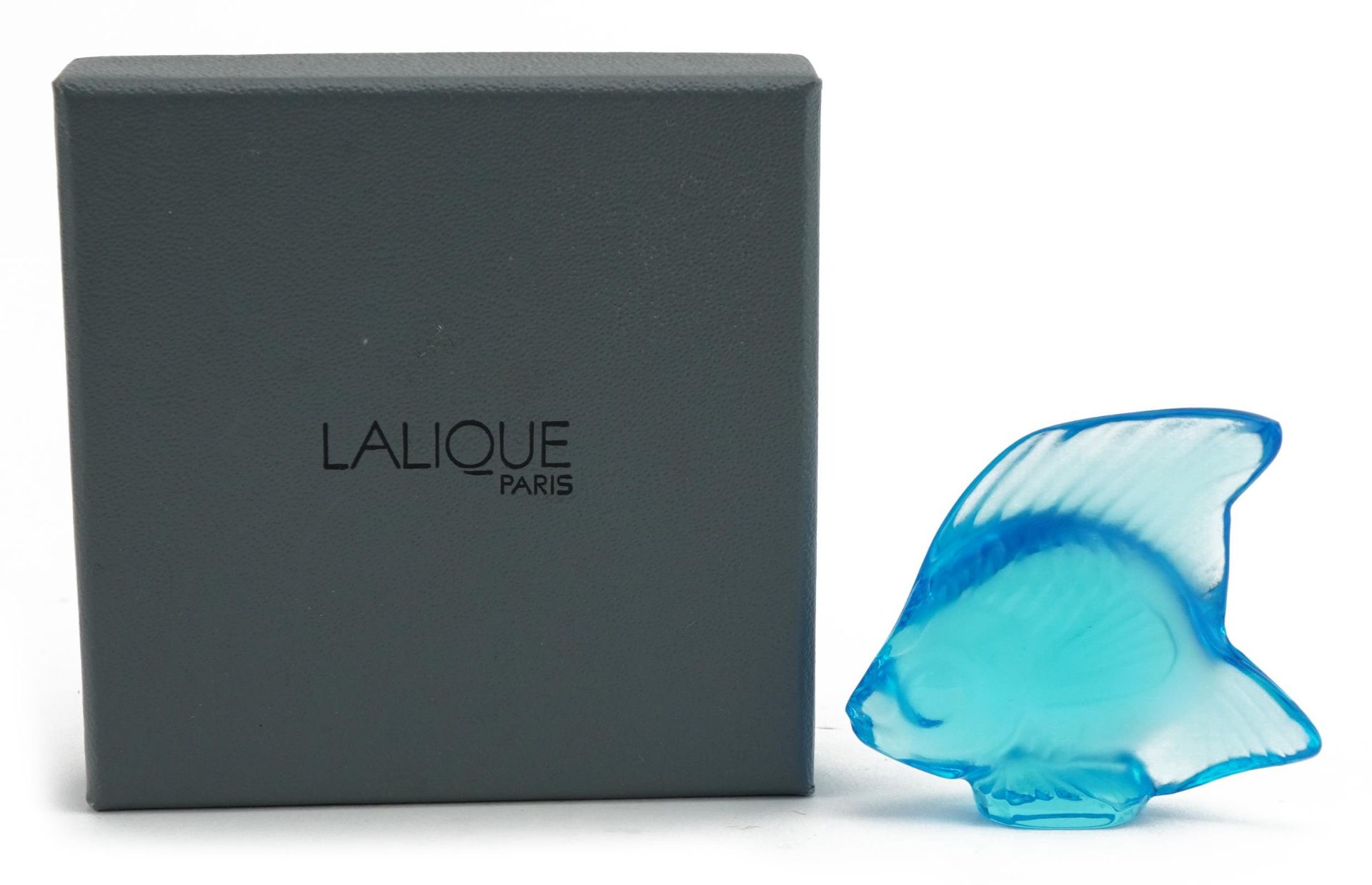 Lalique France, blue glass angel fish with box, etched Lalique France, 4.8cm high : For further
