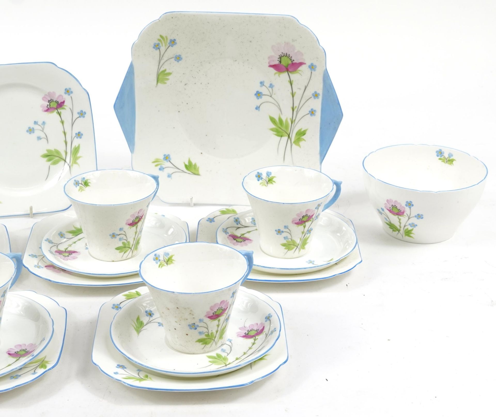 Shelley part tea service hand painted with flowers including trios and sandwich plate, 25cm wide : - Image 3 of 3