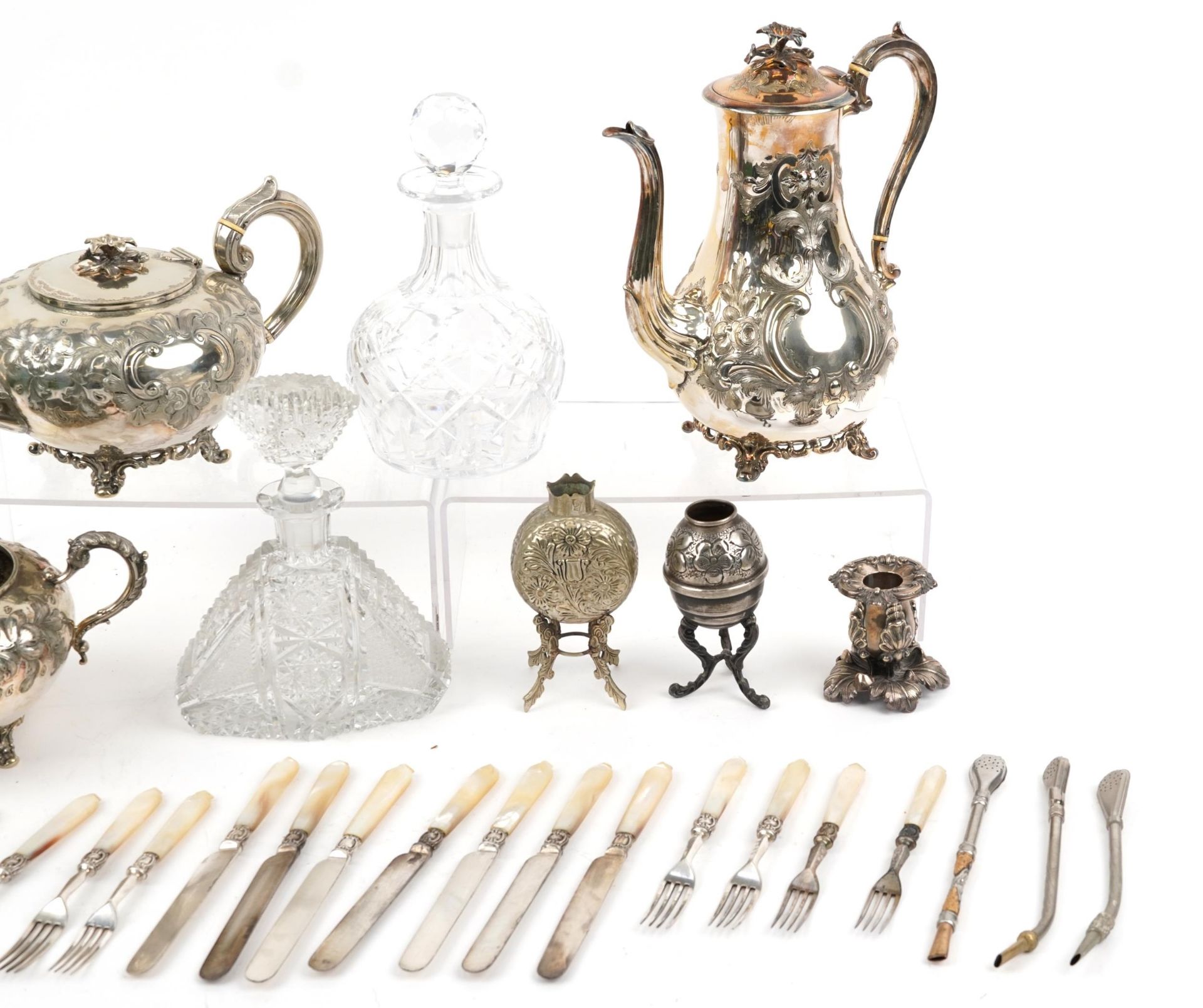 Silver, silverplate and glassware including two cut glass decanters, one with silver brandy decanter - Image 3 of 4