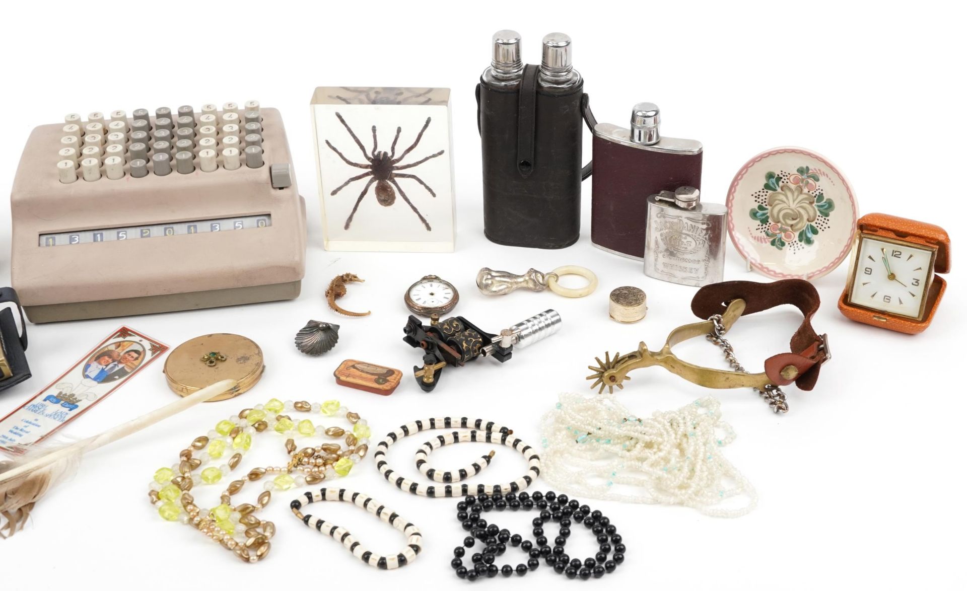 Sundry items including a vintage Plus calculator, hip flasks, costume jewellery, pocket watch and - Image 3 of 3