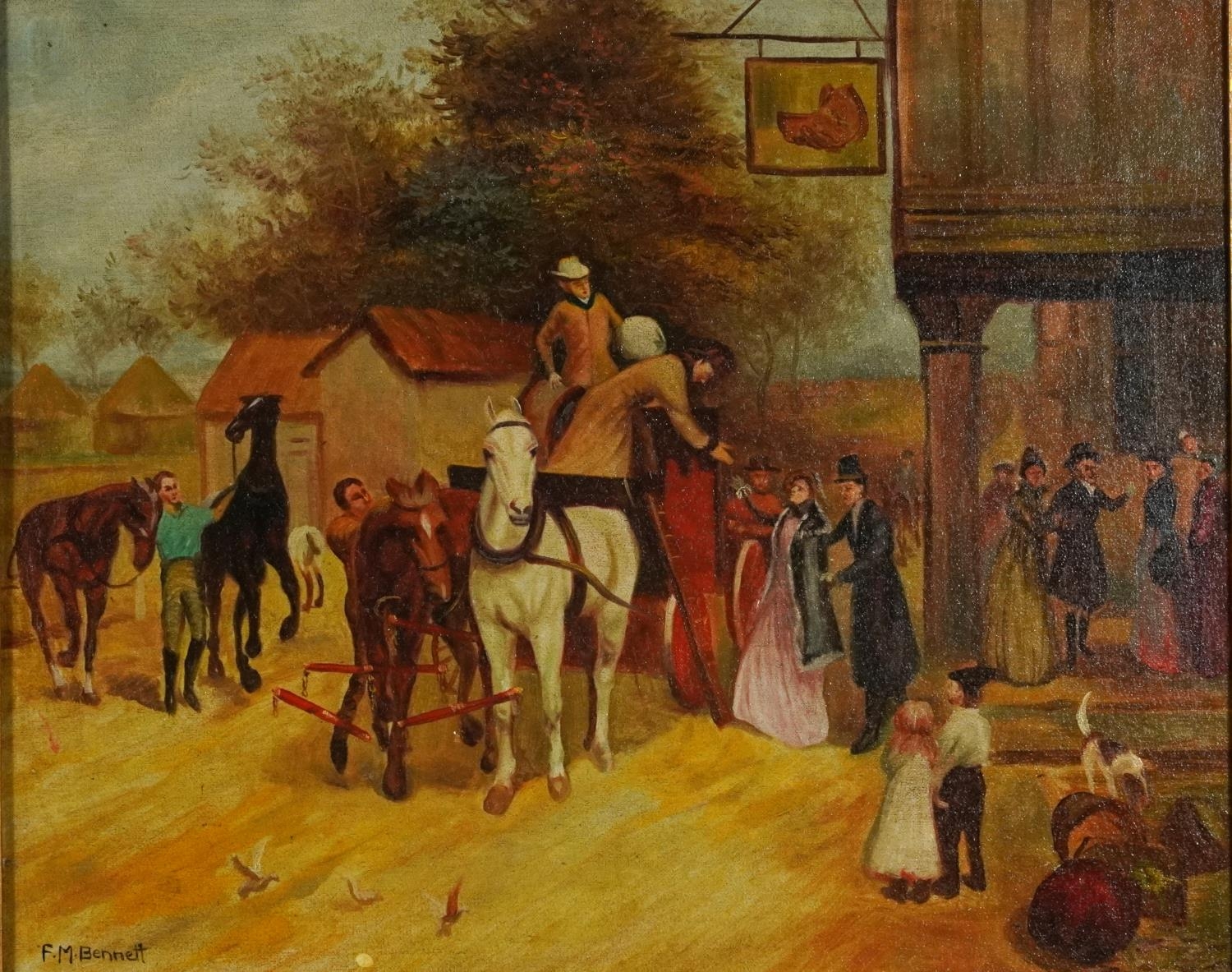 Manner of Frank Moss Bennett - Horse and cart with figures before a coaching house, British school