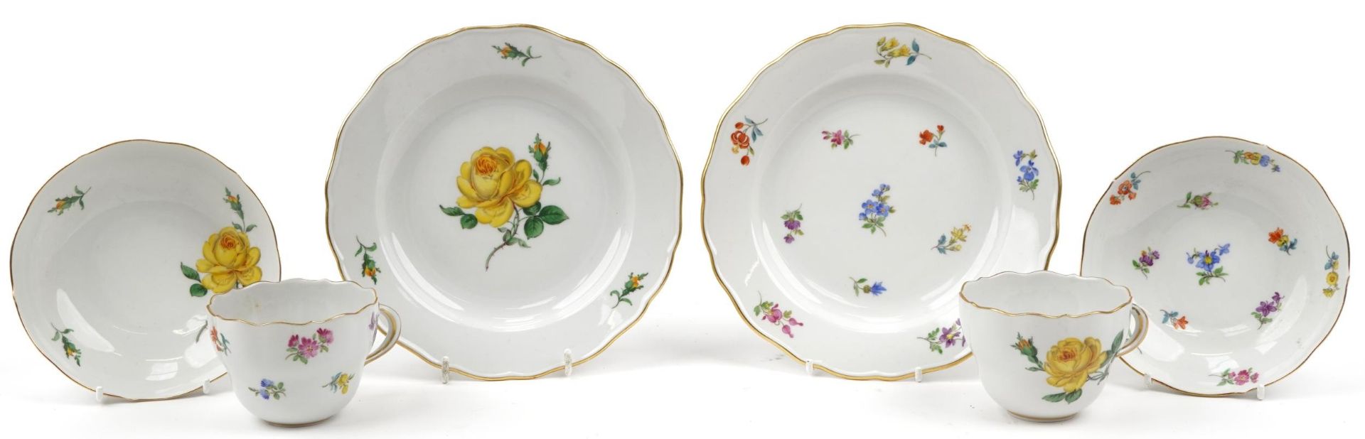 Meissen, German porcelain hand painted with flowers including roses and forget-me-nots comprising