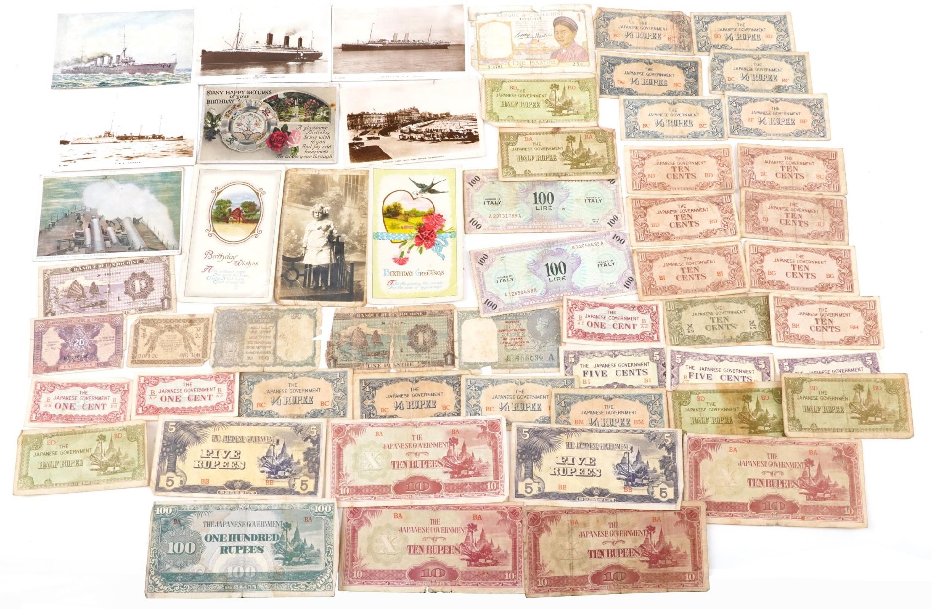 Collection of world banknotes and various postcards including HMS Spanker and Fore Turret Deck of