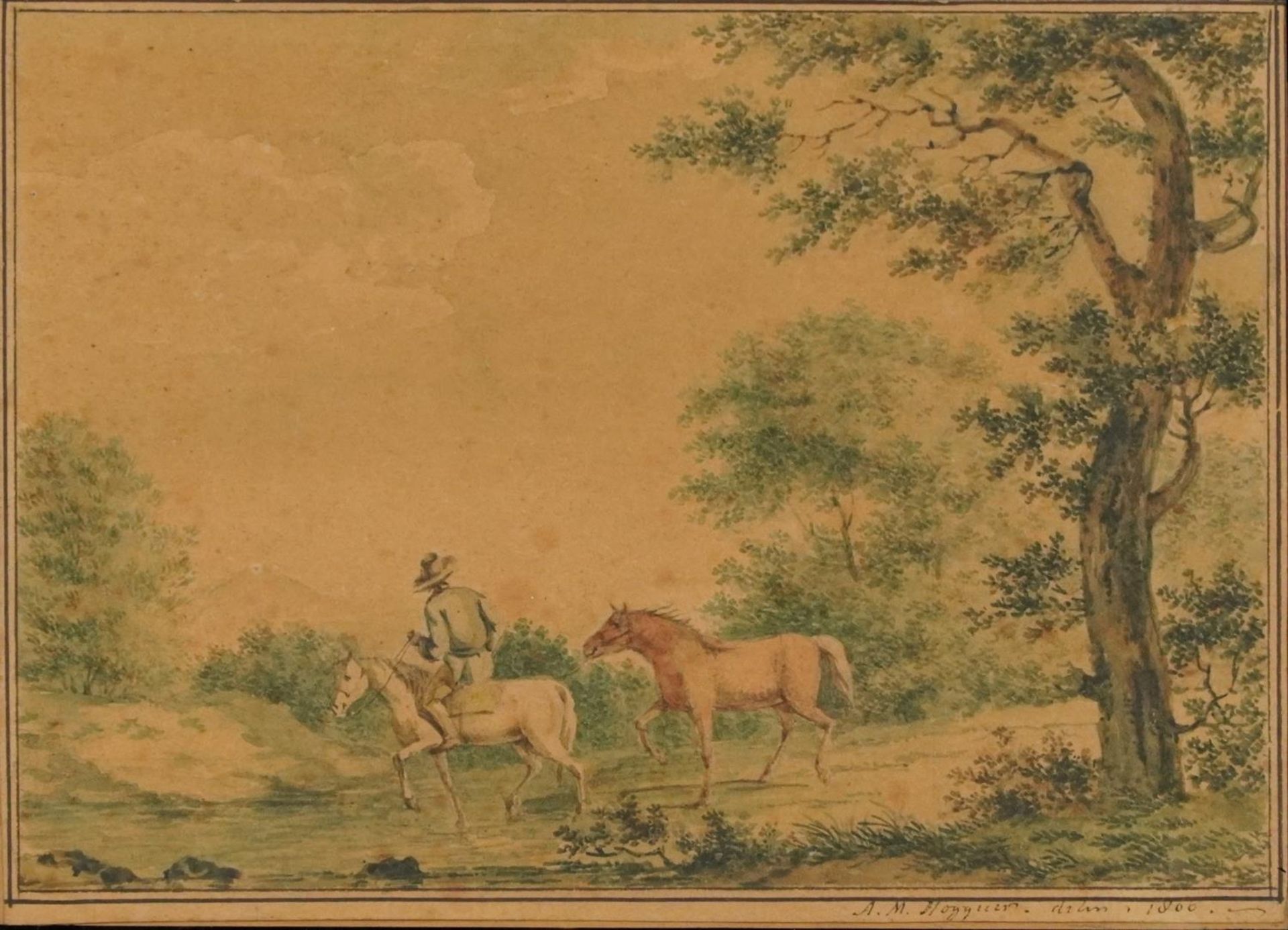 Figure on horseback before a landscape, early 19th century watercolour, indistinctly inscribed and