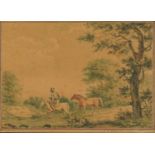 Figure on horseback before a landscape, early 19th century watercolour, indistinctly inscribed and