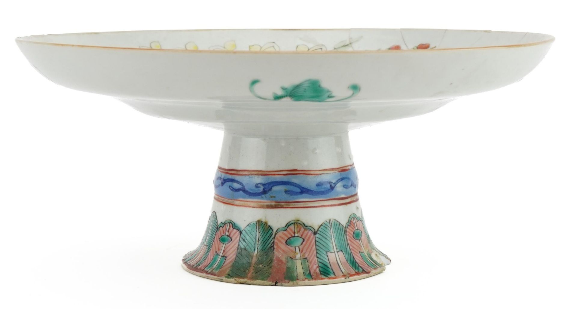 Chinese porcelain pedestal dish hand painted in the famille rose palette with flowers, 10cm high x