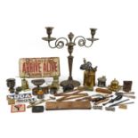 Antique and later metalware including silver plated three branch candelabra, enamelled signs,