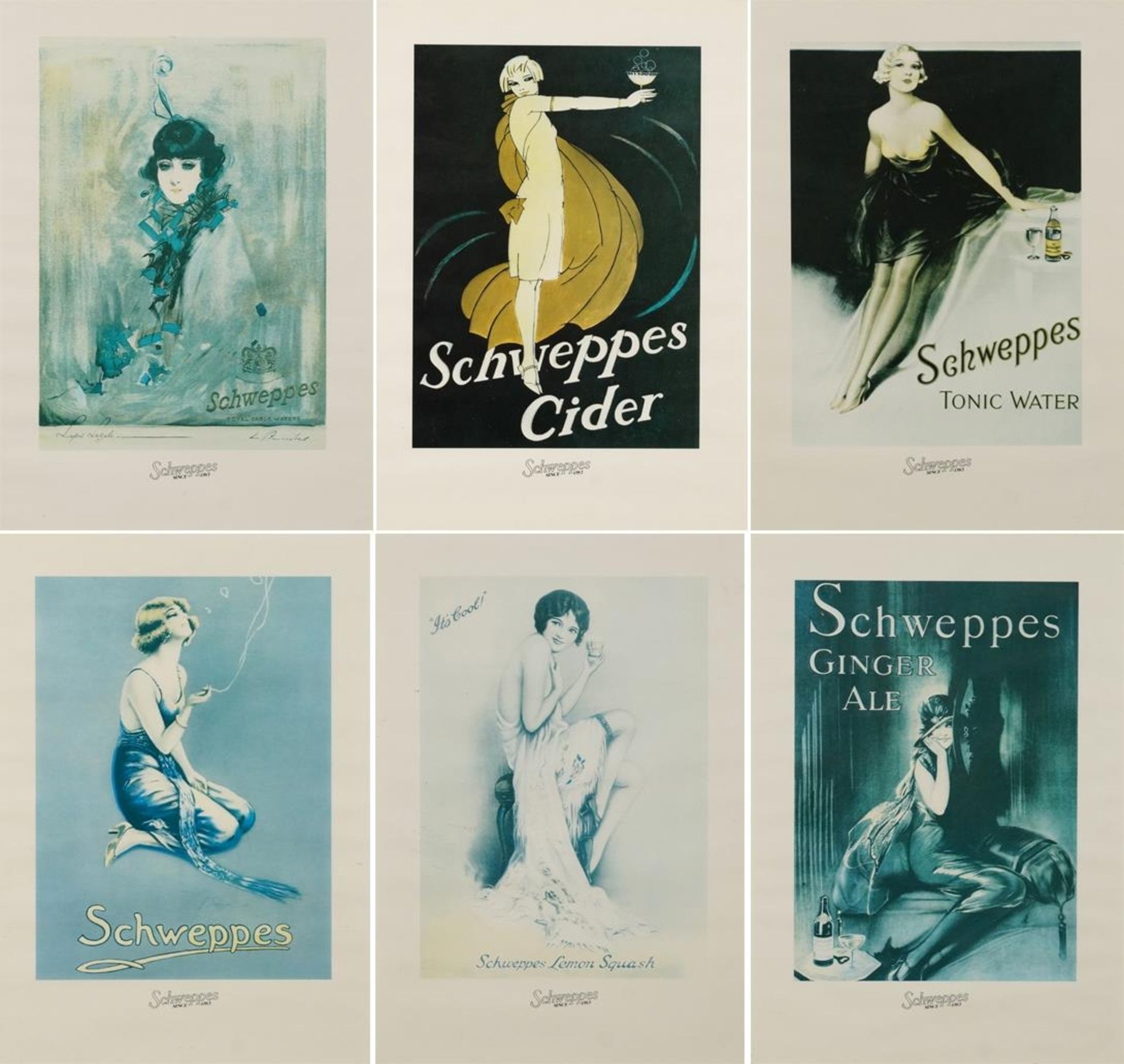 Schweppes, Cider, Tonic Water, Ginger Ale and Lemon Squash, set of six posters, framed and glazed,