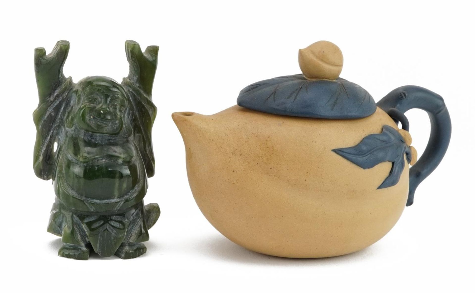 Chinese Yixing terracotta teapot and a green hardstone carving of Buddha, the largest 8cm high : For