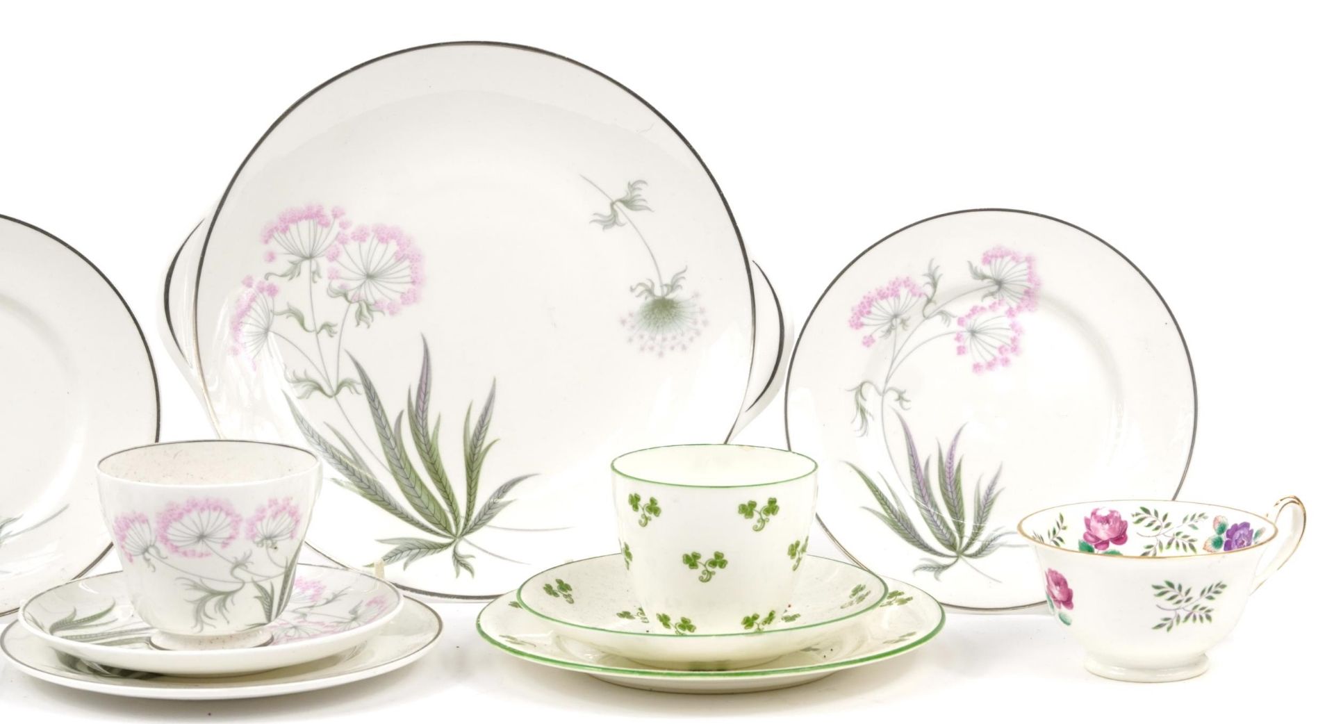 Collection of Shelley Art Deco porcelain teaware including trios, sugar bowl and cake plate, the - Image 3 of 4