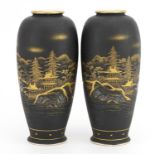 Pair of Japanese Satsuma pottery vases hand painted and gilded with Mount Fuji, character marks to
