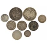 Nine antique British silver coins including 1838 fourpence, 1898 one shilling and 1892 half crown,