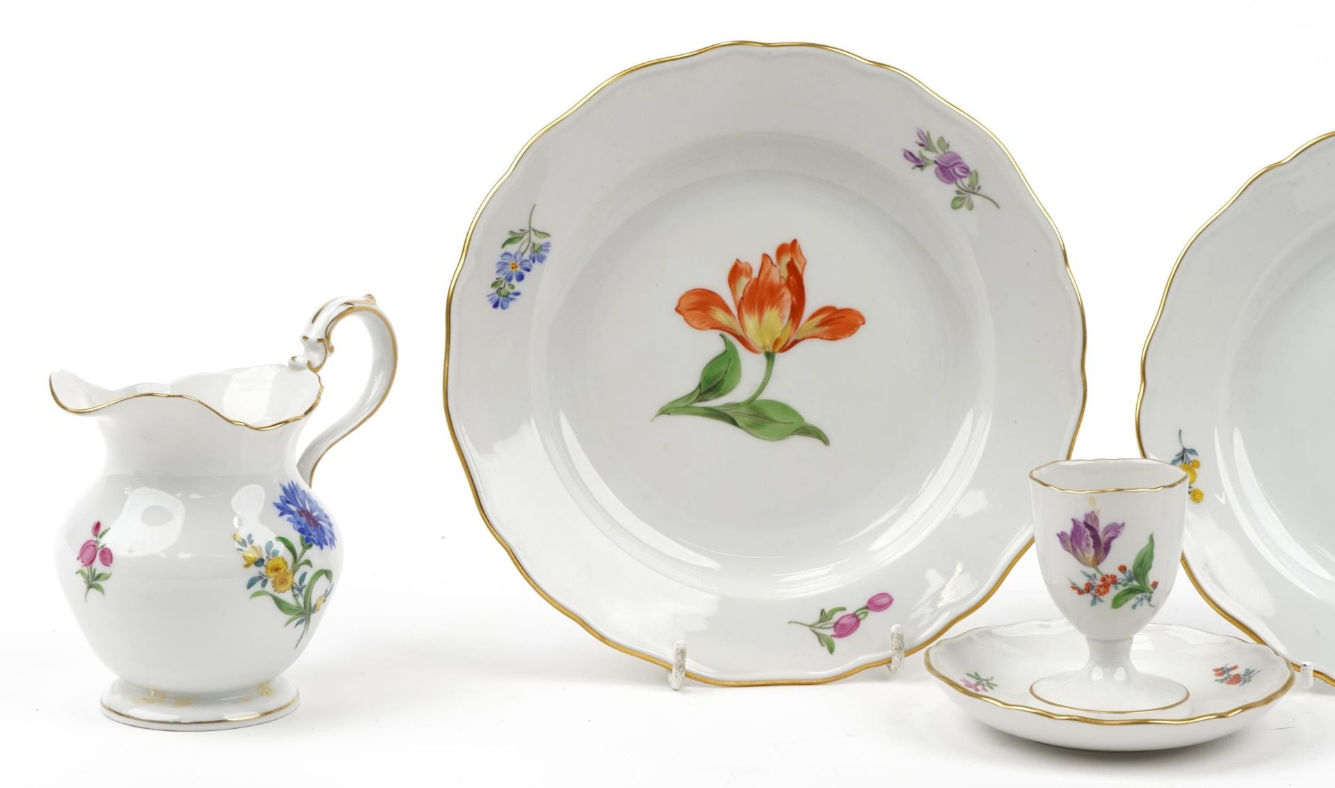 Meissen, German porcelain hand painted with flowers comprising cup, two plates, milk jug and eggcup, - Bild 2 aus 4