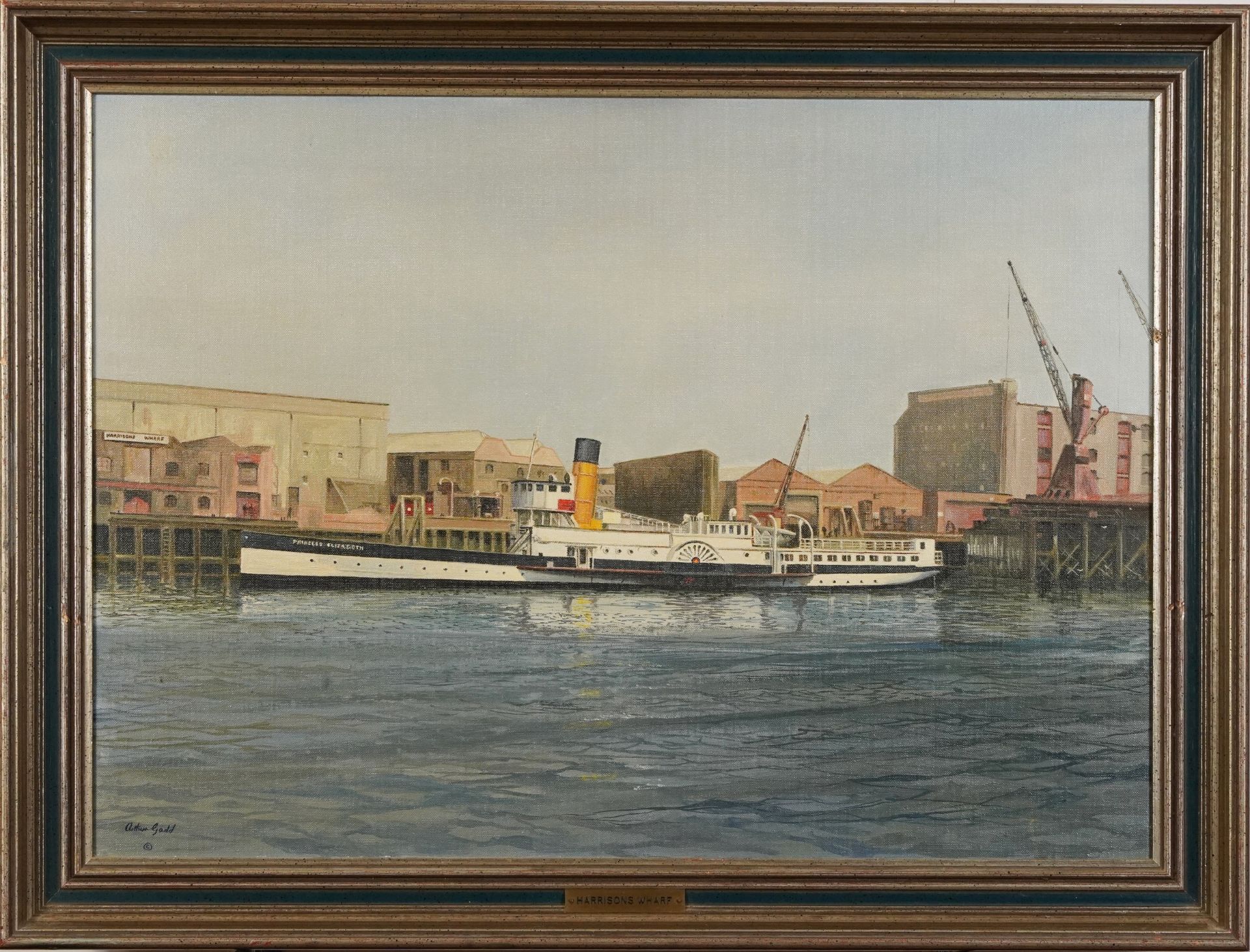 Arthur Gadd - Princess Elizabeth paddle steamer, Harrison's Warf, oil on canvas, details verso, - Image 2 of 7
