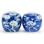 Two Chinese blue and white porcelain ginger jars hand painted with prunus flowers, one with four